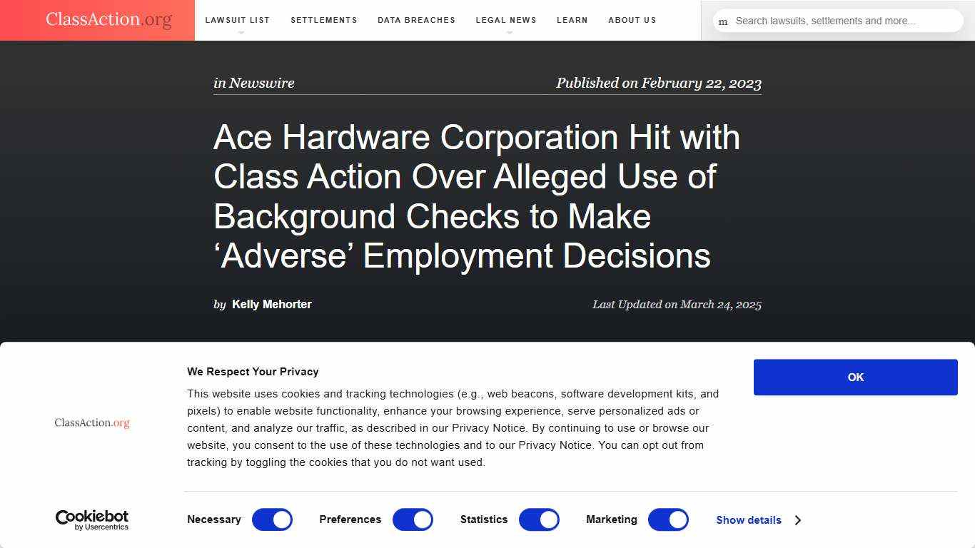 Ace Hardware Corporation Hit with Class Action Over Alleged Use of Background Checks to Make ‘Adverse’ Employment Decisions