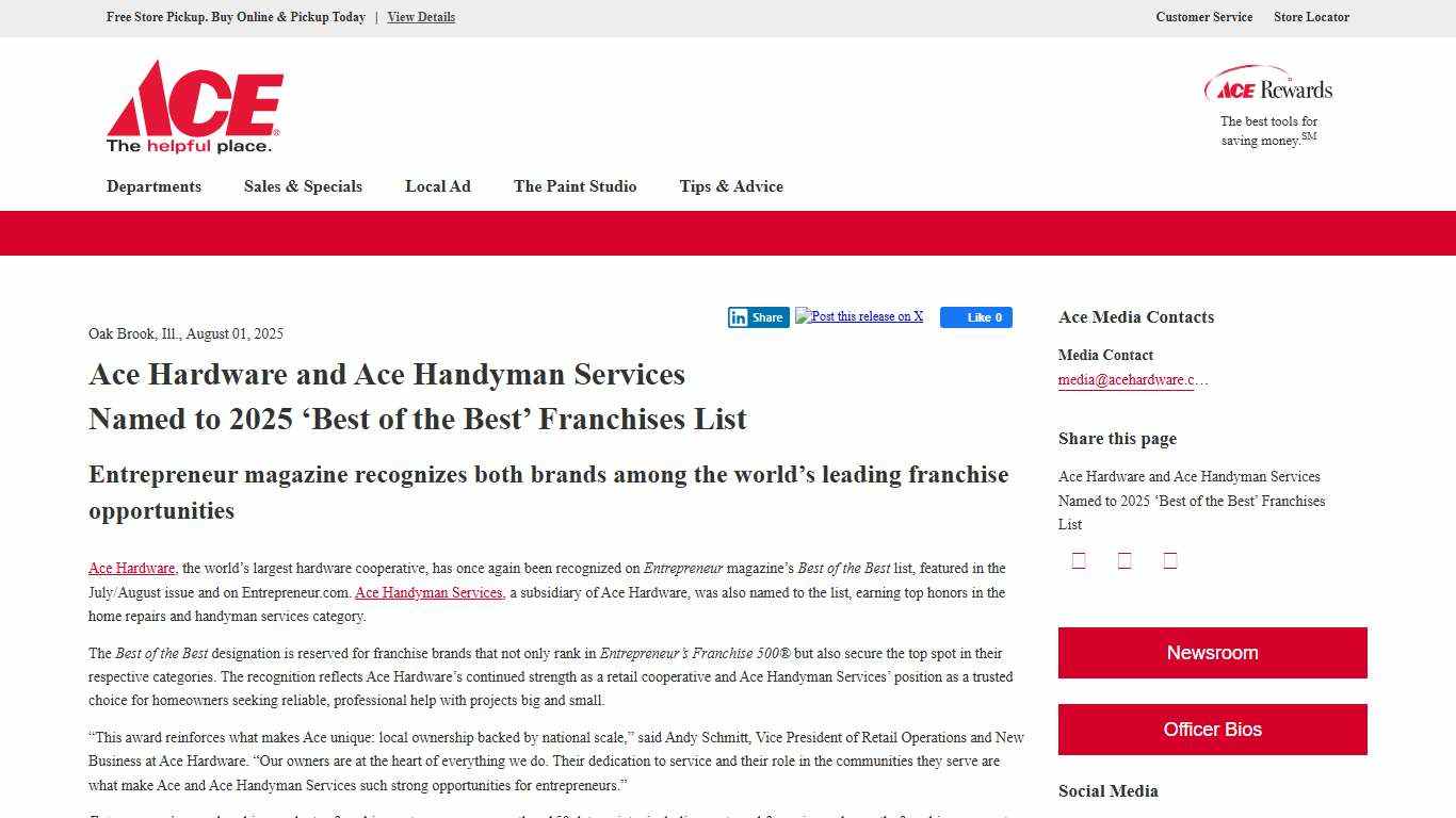 Ace Hardware and Ace Handyman Services Named to 2025 ‘Best of the Best’ Franchises List